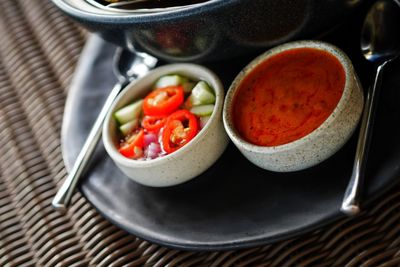 High angle view of vegetables in bowl on table