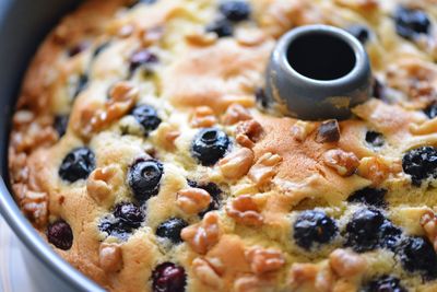 Close-up of blueberry cake in baking tray