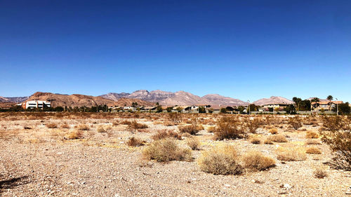 Scenic view of desert against clear blue sky