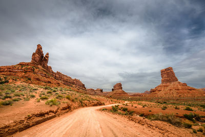 Rock formations on road against sky