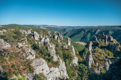 Panoramic view of landscape and mountains against clear blue sky