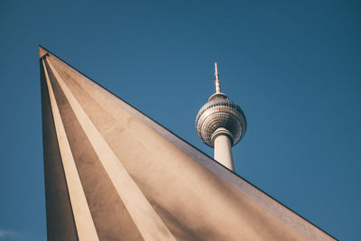 Low angle view of fernsehturm against clear blue sky