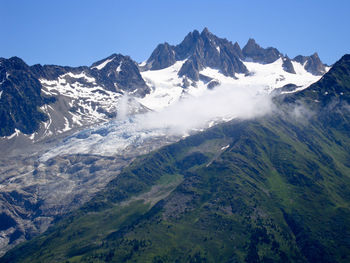 Scenic view of rocky mountains against clear blue sky during winter