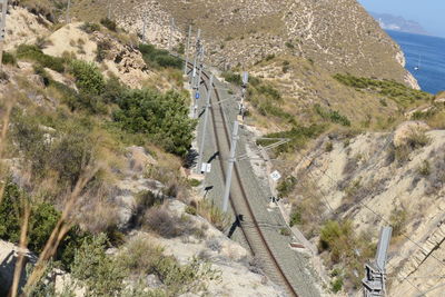High angle view of road by sea against mountain