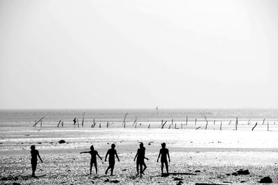 Silhouette people at beach against clear sky
