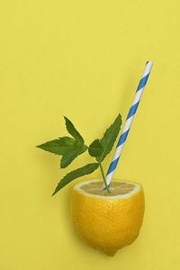 Close-up of orange fruit against yellow background