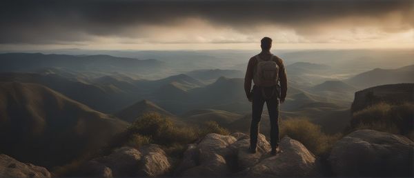 Rear view of man standing on mountain