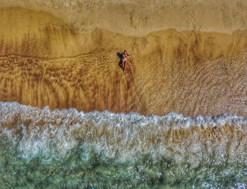 Aerial view of woman sitting on shore at beach