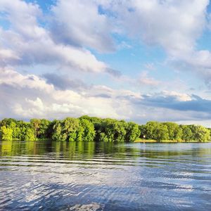 Scenic view of lake against cloudy sky