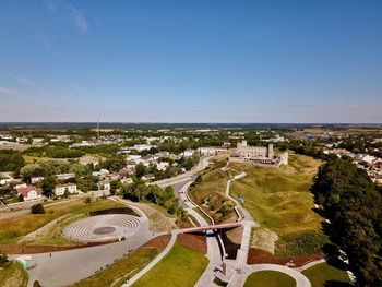 High angle view of cityscape against clear sky