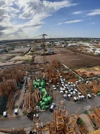 High angle view of construction site against sky