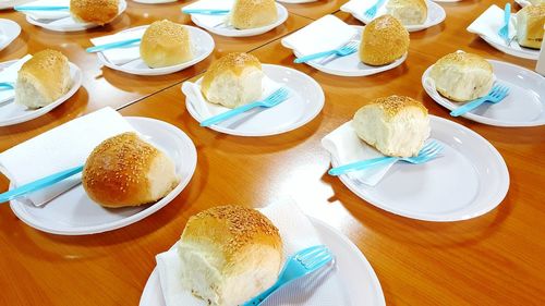 High angle view of breakfast served on table