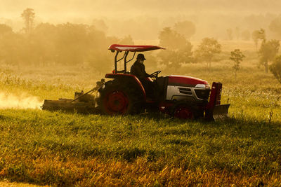 Tractor on field against trees