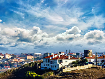 High angle shot of townscape against sky