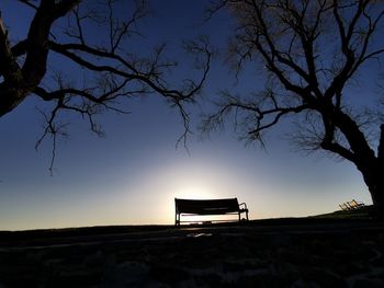 Silhouette bench by tree against sky during sunset