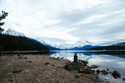 Scenic view of lake by snowcapped mountains against sky