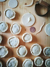 High angle view of shells on table