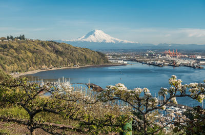 Scenic view of sea and mountains against blue sky