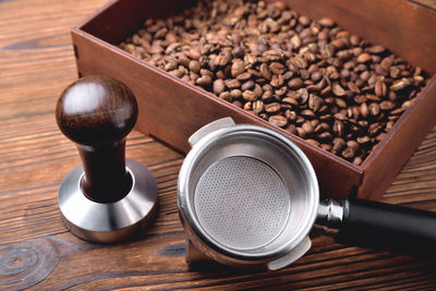 High angle view of coffee beans on table