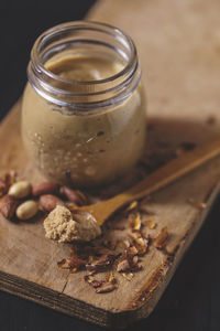 High angle view of peanut butter on table