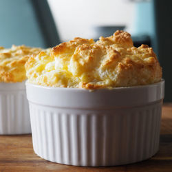 Close-up of cheese souffle on table