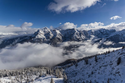 Scenic view of snowcapped mountains against sky