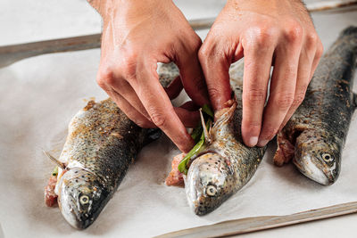 Cropped hand of person preparing fish