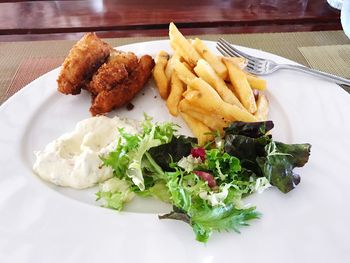 High angle view of food served on table