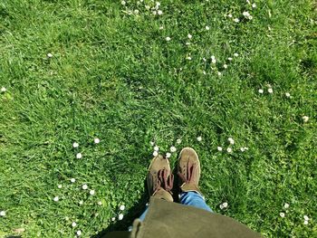 Low section of man standing on grass