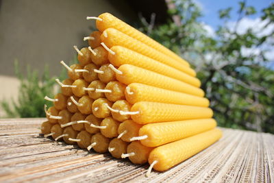 Close-up of bread on wooden table