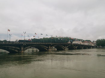 Bridge over river with buildings in background