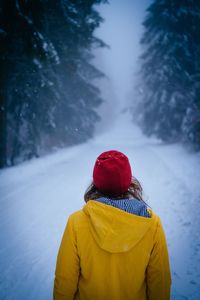 Rear view of woman in snow