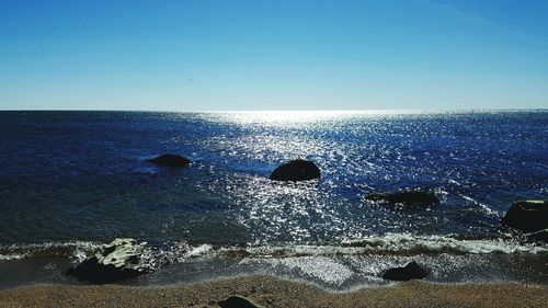 Scenic view of sea against clear blue sky