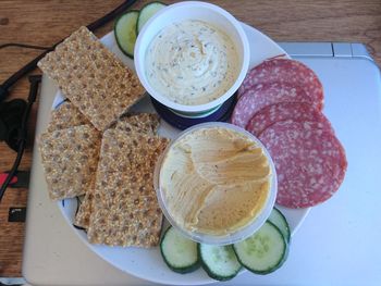 High angle view of breakfast on table