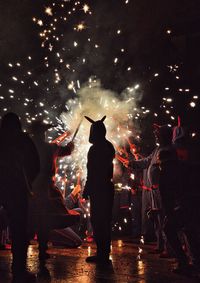 People watching firework display at night