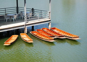 High angle view of ship moored on sea