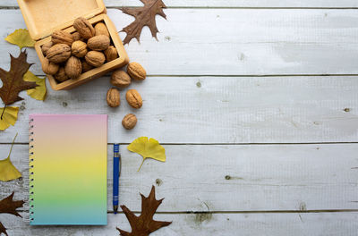 High angle view of maple leaves on table