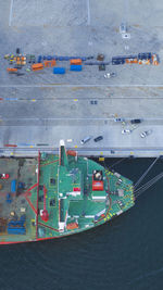 High angle view of ship with cranes