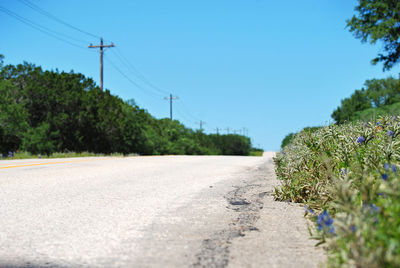 Surface level of road by trees against clear sky