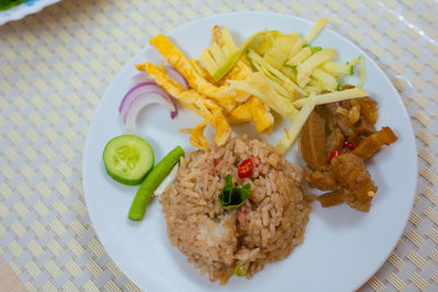 High angle view of food served on table