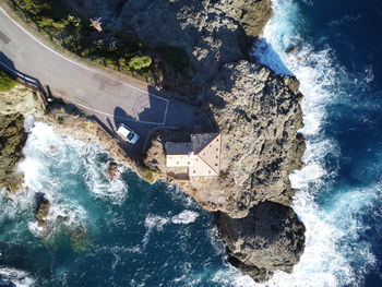 High angle view of sea, and a little church