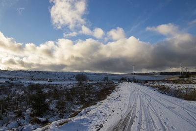 Snow covered landscape against sky