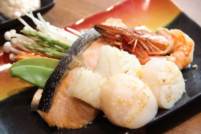 Close-up of food in plate by japanese food menu