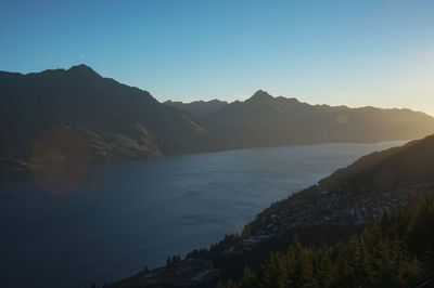 Scenic view of sea and mountains against clear sky