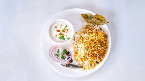 High angle view of meal served on table