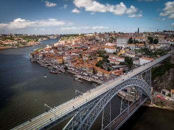 High angle view of bridge over river amidst buildings in city