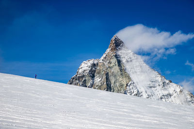 Low angle view of snowcapped mountains against sky