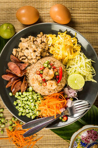 High angle view of meal served on table