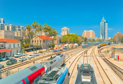 High angle view of cityscape against clear blue sky