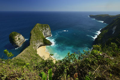 High angle view of sea shore against sky